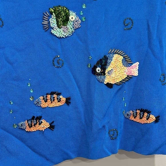 Vintage sweaterworks 90s rib knit sequin fish under the sea blue tank top large - Picture 4 of 6